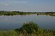 Ausblick vom Aussichtturm auf die Wasserfläche, die umgeben ist von grünen Wiesen.