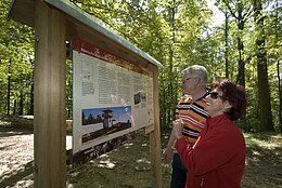 Ein Paar steht vor einer Informationstafel im Burgstallwald.