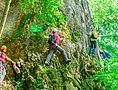 Vier Kletterer mit Helm und Ausrüstung sind am  Klettersteig unterwegs. Drei klettern bereits am Felsen entlang. Der Vierte steht noch und wartet, dass auch er an den Felsen kann.