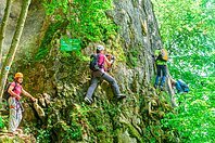 Vier Kletterer mit Helm und Ausrüstung sind am  Klettersteig unterwegs. Drei klettern bereits am Felsen entlang. Der Vierte steht noch und wartet, dass auch er an den Felsen kann.